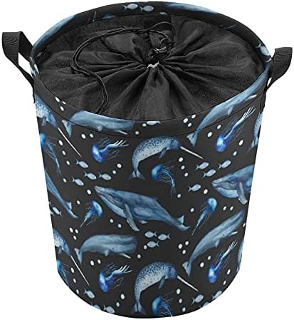 Baleias, água -viva, baleia espermática, Narwhal redondo bolsas de roupa redonda cesta de armazenamento de cesto à prova d'água com