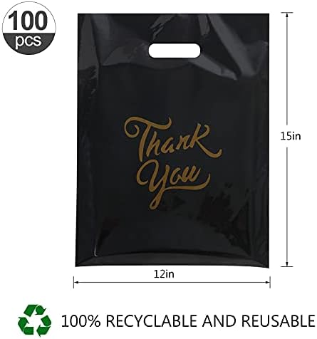 Vkksii 100pcs Black Thank You Merchandise Bags por itens por atacado para sacolas de brindes, roupas de embalagem boutique, camiseta, livros, produtos de compras, sacolas de presente reutilizáveis