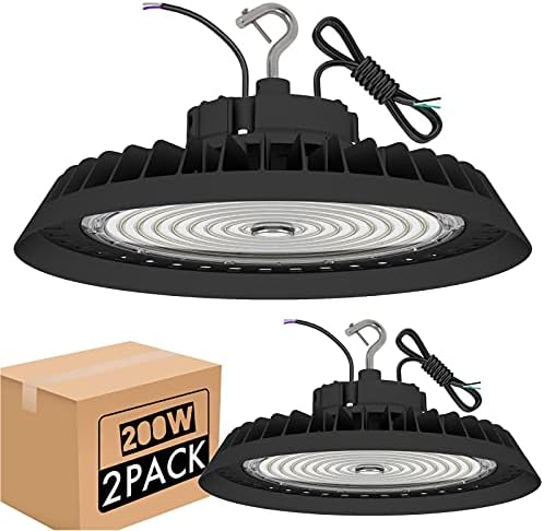 200W LED UFO High Bay Light 30000lm 5000K LED LED BAY BAY Iluminação para armazém de fábrica de ginástica- 0-10V Dimmable, 550W MH/HPS equiv-Us Hook 5 'Cabo, corda segura, UL e DLC listados