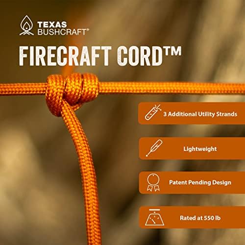 Texas Bushcraft Firecraft Cord - Utility Paracord Sobrevivência corda, cordão de pára -quedas para equipamentos