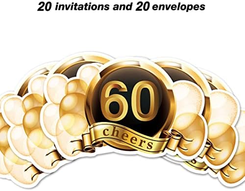 Convites de festas de aniversário de 60 anos com envelopes, 20 Conjunto Happy 60th convites de 60 anos Party Anniversary Party Convites Supplies Favors, Black e Ouro de Duas Lados