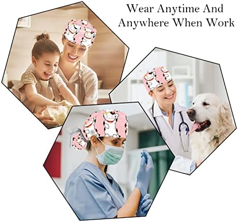 2 Pacote de tampas de trabalho com botão, fofo Japão Japão Lucky Cats Kitty Pink Background Bunderfrant Scrub Hats Mulheres