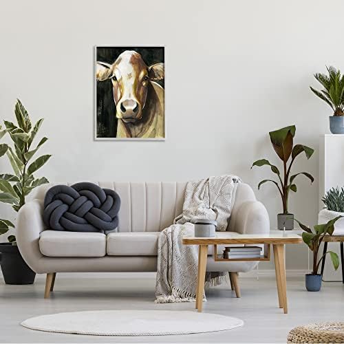 Stuell Industries Rústico Hereford Cattle Retrato Country Farm Pintura de vaca Cinza Arte da parede emoldurada, 24 x 30,