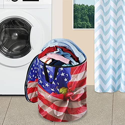 America Flag Flowers Pop Up Up Laundry Horty com tampa de cesta de armazenamento dobrável Bolsa de roupa dobrável para