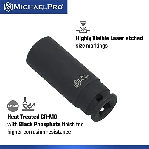 Michaelpro MP005035 48 peças de 3/8 de polegada Conjunto de soquetes de impacto, SAE e tamanhos métricos | 6 pontos de profundidade