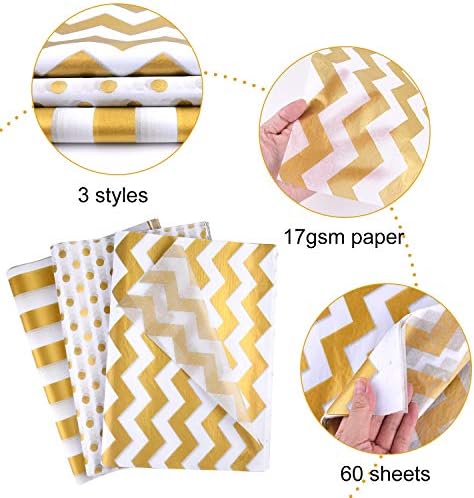 Miahart 60 PCs Papel de lenço de lenços brancos de ouro a granel 3 estilo decorativo de papel de embrulho metálico