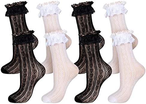 GEYOGA 4 pares renda brifa de babados meias de tornozelo meias mulheres meias de renda de meias de vestido fofo para mulheres garotas senhoras princesa