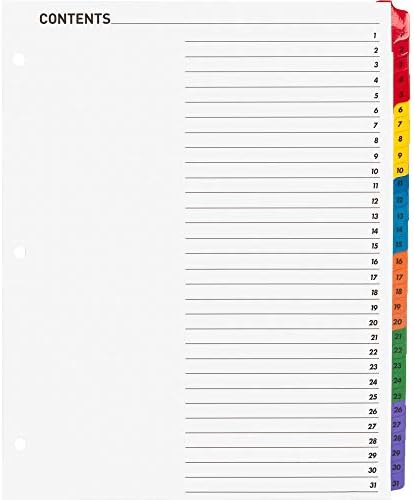 31 Divisores de tábores para uma página de 3 anel 1-31 Página de índices com tabela multicolor personalizável do