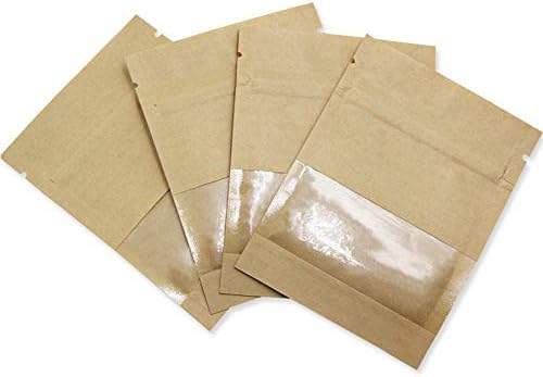 Pacote de 100 pacote com janela clara Papel Kraft marrom marrom para zíper de armazenamento de alimentos Sacos pequenos de