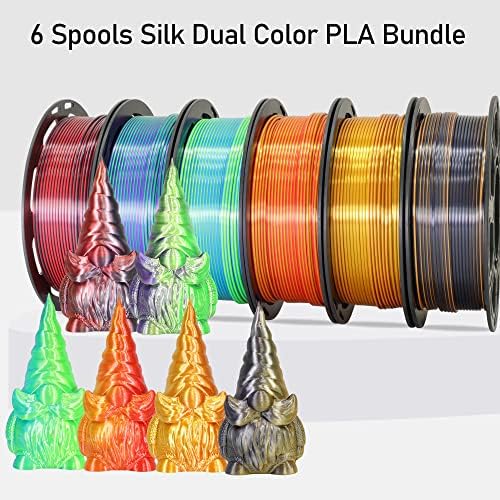 MIKA3D 6 SPELS BICOLOR Dual Cor 1,75mm 3D Pacote de filamento de impressora, PLA de seda de impressão 3D, seda preto-laranja/vermelho-ouro/vermelho-vermelho/ouro/verde-azul/pur