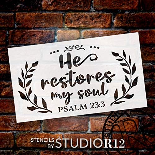 Ele restaura meu estêncil de script de alma por Studior12 | Salmo 23: 3 Verso da Bíblia | Decoração de casa da fé DIY | Pintar sinais