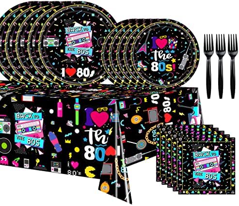 Suprimentos de festas dos anos 80, voltando ao conjunto de tableware temático dos anos 80, incluindo toalha de mesa