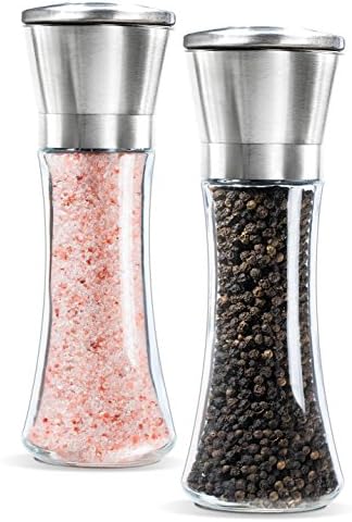 Conjunto de sal e pimenta de sal e pimenta de 2 - moinho de pimenta em aço inoxidável escovado e moinho de sal, corpo de vidro, tamanho