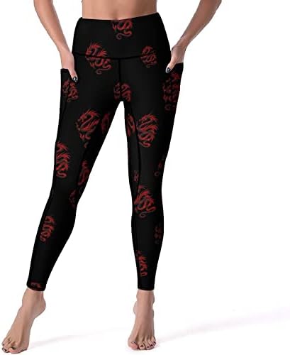 Calças de ioga de dragão preto vermelho com bolsos para mulheres de altura de cintura alta perneiras