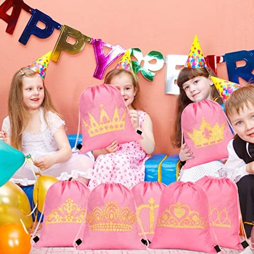 FUNTERIA 16 PCS Princesa Party Favor Bags Princesa Bolsas de presente Princesa Party Sacos de cordão Pink Crown Goodie Bags para meninas crianças Princesa Aniversário Festas de casamento