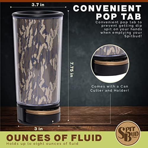 Spitbud.com Mossy Oak Bottomland Camo - The Ultimate Spittoon Chew - Portable Dip & Snuff Cup com tampa, aba pop, funil à prova