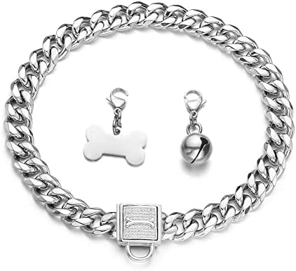 Aiyidi Chain Collar Chain Silver Stainless Stone Cuban Link Cheker Collar Largura 11/15/19mm com shinestone Segurança Buckle Tag Dog