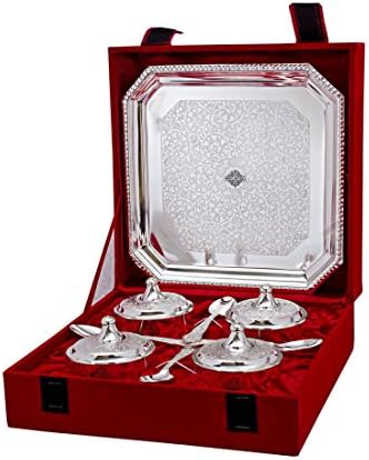 Indian Art Villa Silver Plated Beetel Bowl com colher e bandeja, utensílios de mesa Diwali Gift Set, pacote de 9 ...