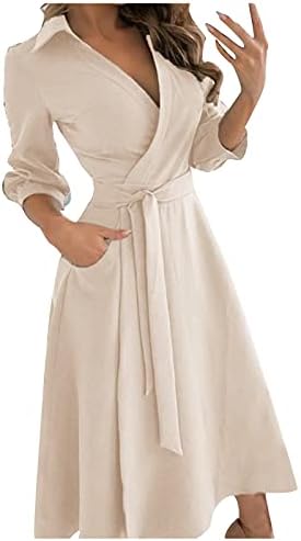 Vestido maxi para mulheres, moda feminina de lapela casual de cor sólida de sete partes de manga longa vestidos