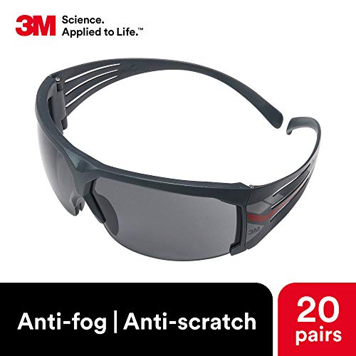 Óculos de segurança 3M, SecureFit, 20 pacote, ANSI Z87, lente cinza anti-nebro Scotchgard, moldura preta, templos flexíveis