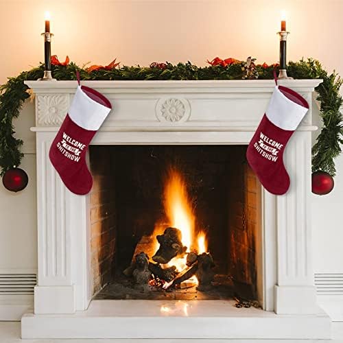 Bem -vindo ao Shitshow Christmas Stocking clássico ornamentos pendurados Bolsa de doces de punho branco para decorações de festas de férias em família