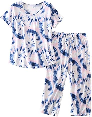 Quch Womens Pijama Conjunta Tops de roupas de dormir de tamanho grande com calças Capri Pijamas de algodão Conjunto para mulheres Soft confortável