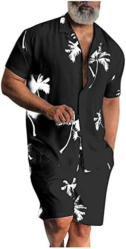 Summer masculino 2pc Conjunto de praia havaiana Casual Casual Camisa Camisa Tampo de botão de lapela e calça curta