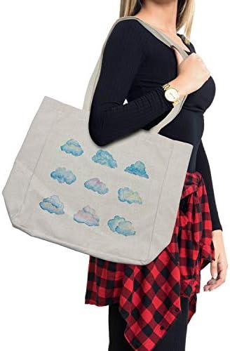 Bolsa de compras de nuvens de Ambesonne, padrão de várias nuvens vívidas Ilustração de aquarela Ilustração Fluffy Purity Purity Print, bolsa reutilizável ecológica para a praia de mantimentos e mais, 15,5 x 14,5, creme