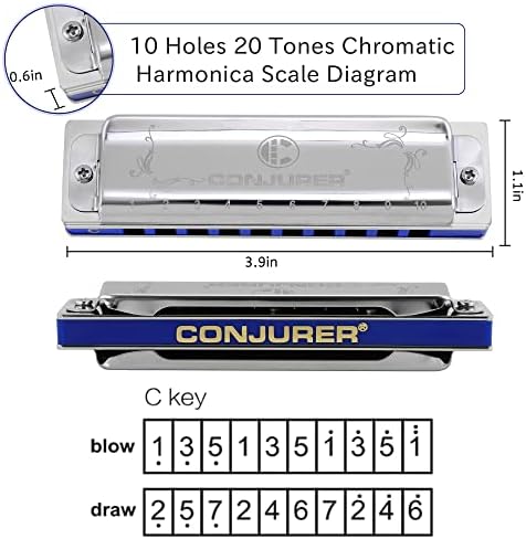 Conjurer gaita -chave de A, 10 Hole 20 Tone Stanadard Blues Harmonica com caso, harpa de órgãos bucais para iniciantes, adultos, crianças, profissionais, estudantes, amigos, presentes