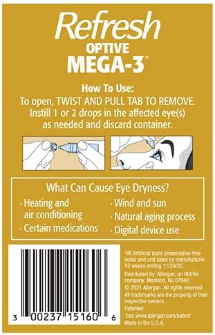 Atualizar colírios de lubrificantes mega-3 optivos, recipientes de uso único, sem conservantes, 0,01 fl oz, 60 contagem