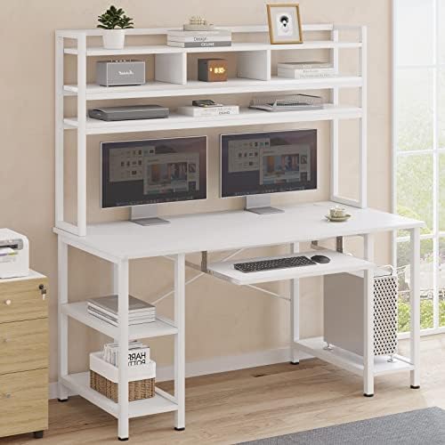 Sedeta White Computer Desk, mesa de jogo de 55 com hutch, bandeja de teclado e luzes LED, mesas de escritório em casa com armazenamento,