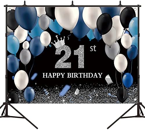 Bellimas preto e prata 21º aniversário de 21º aniversário azul e branco Balões da coroa de 21 decorações de festa de aniversário vinte