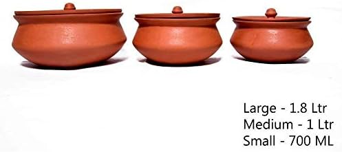 Saisikon Argila Natural Argila Clay Dahi Handi/Curd Pot com tampa | Conjunto redondo de Handi 3pc | Grande - 2.ltr meio