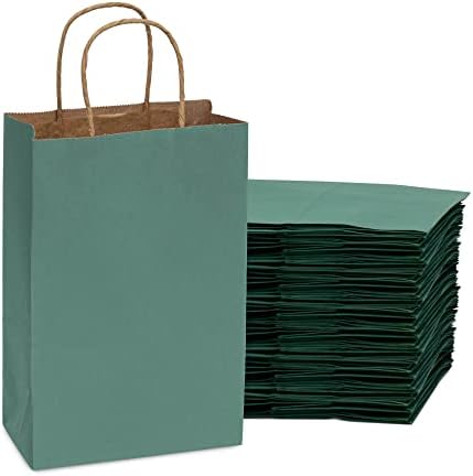 Sacos de presente verdes - 6x3x9 polegadas 100 pacote pequenas sacolas de compras de papel kraft com alças, bolsas artesanais