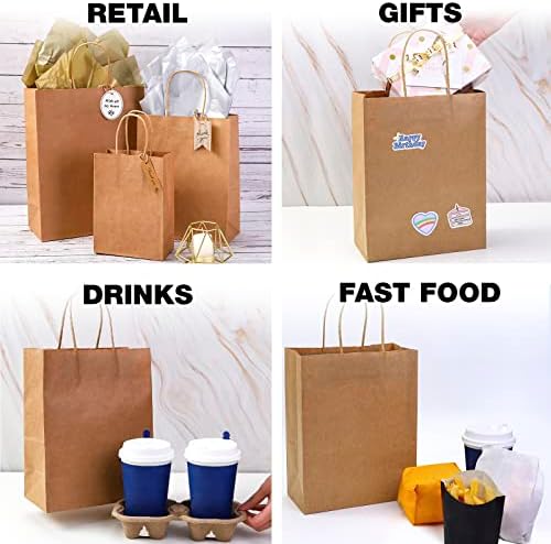 Ecotimize sacos de papel Kraft com alças, 400 PCs Brown 10 x 5 x 13 - Sacos de presente com segurança ecológica, segura e reciclável a partir de de polpa de madeira - alta resistência e capacidade de carga para varejo, compras