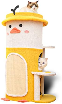 Design de uma peça de uma peça de uma árvore e casa de gatos multifuncionais adoráveis ​​de pato amarelo, até 75 kg de capacidade de peso-Castelo de gato de montagem fácil para os amantes japoneses de estilo kawaii