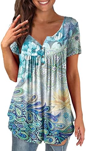 Túnicas de padrão retrô para mulheres barriga de barriga de barriga lascada camisetas camisetas de verão Botão de manga curta casual