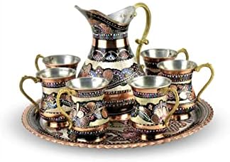 Sharvgun turco de 8 peças Jarro de cobre Conjunto de água artesanal caneca de flor grande xícara de flores artesanal de cobre 2l jarros, peru artesanal