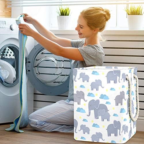 Cartoon Elephants Mom Baby Cloud Laundry Basket Bestkets embutidos de forro com suportes destacáveis ​​Atualização de bem-estar, cesto de roupa dobrável