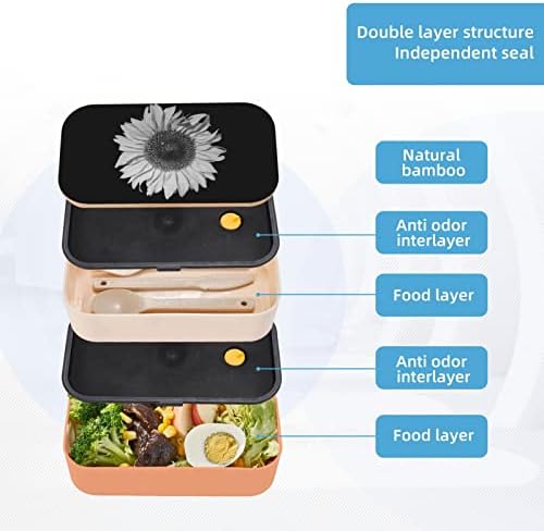 Caixa de bento de almoço preto de girassol com alça ajustável atualizada, recipiente de alimentos à prova de vazamento reutilizável