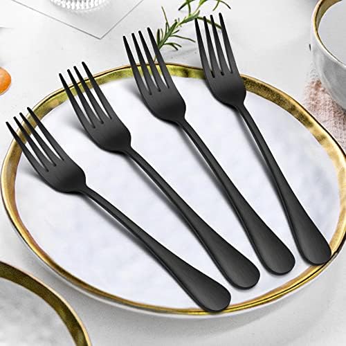 Lianyu 16 peças Forks Black Black and Sploons Conjunto de talheres, 8 garfos de jantar e 8 colheres de chá, talheres