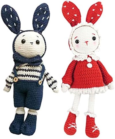 Kit de crochê diy para iniciantes, um par de animais de pelúcia de coelho, tudo em aprender a crochê para adultos e crianças artesanato, azul marinho e vermelho