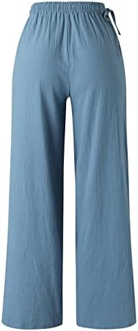 Calças de linho de algodão casual de verão para mulheres calças largas de perna reta de pernas altas calças de praia com bolsas de
