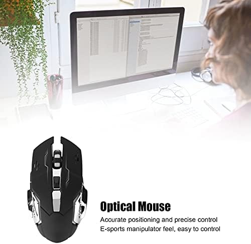 Mouse sem fio egonômico PUSOKEI, mouse óptico recarregável para jogos, 3200DPL Ajustável, luz respiratória colorida, controle preciso,