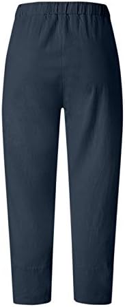 Calças de linho de algodão Capri para mulheres Calças Capri Casual Casual com bolsos Alta cintura Calças de leão de dente