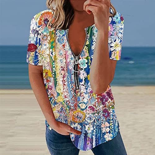 Feminina 1/4 zíper up camisa havaiana Casual Summer Summer Tops Bohemian Blouse Bohemian Floral Impressa Pullover