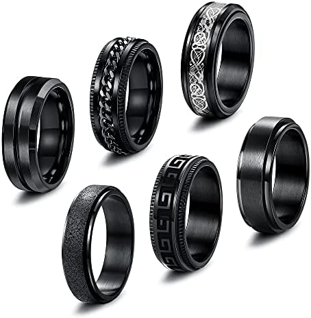 Fibo Steel 6pcs Spinner preto anéis para homens mulheres inquietes anéis de cadeia legal incrustado anéis de chave grego