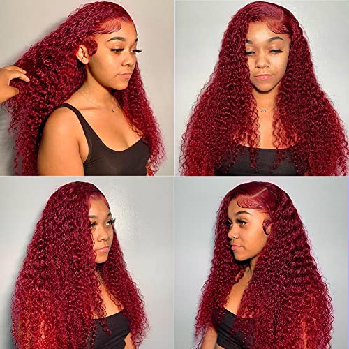 99J Borgonha Deep Wave Lace Front Wigs Human Human 24 polegadas 13x4 perucas frontais de renda Borgonha HD para mulheres negras 150% de densidade brasileira Cabelo virgem vermelha