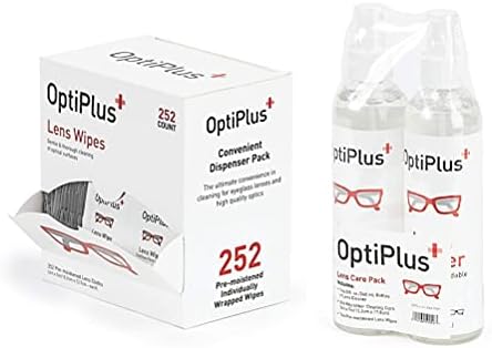 Lenços de lente Optiplus 252ct e pacote de cuidados com lentes de 16 onças