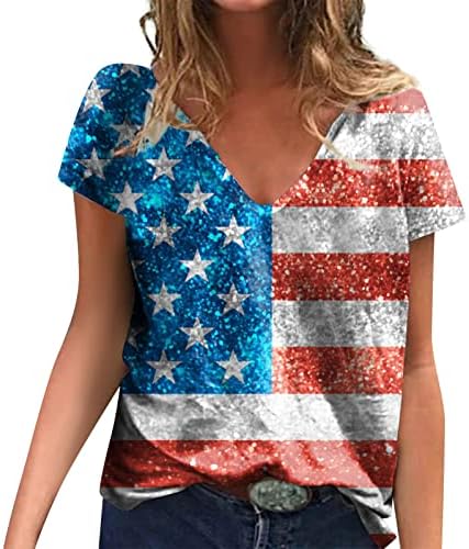 Mulheres Manga curta Tops Plus Tamanho Independence Day Graphic V Decont Top top